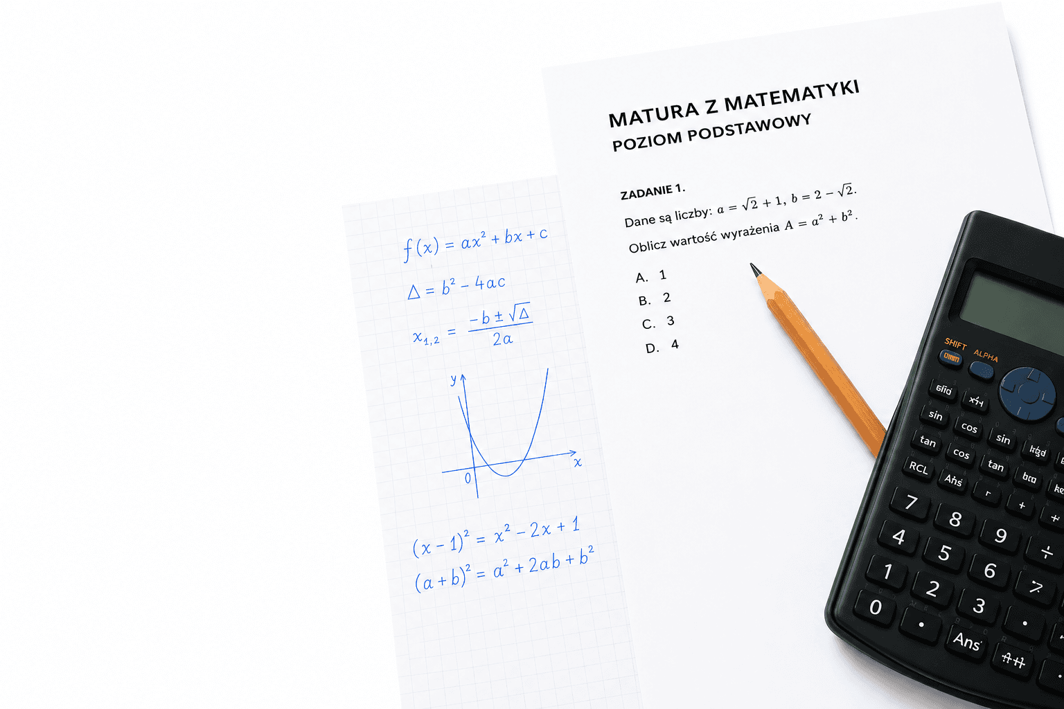 Arkusz maturalny z matematyki, notatki z funkcji kwadratowej i kalkulator